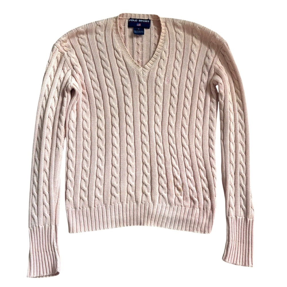 Vt 90s Polo Sport Ralph Lauren 100% Cotton Cableknit V Neck Sweater S  Pale Pink